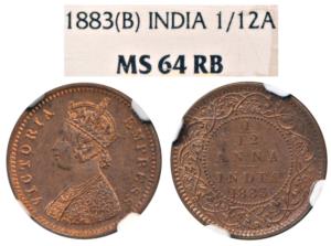 Victoria Empress, Copper 1/12 Anna, 1883, Bombay Mint. Graded by NGC MS64 RB.