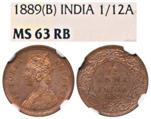 Victoria Empress, Copper 1/12 Anna, 1889, Bombay Mint. Graded by NGC MS63 RB.
