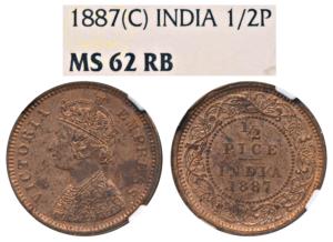 Victoria Empress, Copper ½ Pice, 1887, Calcutta Mint, (Prid 719). Graded by NGC MS62 RB.
