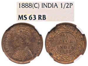Victoria Empress, Copper ½ Pice, 1888, Calcutta Mint, (Prid 720). Graded by NGC MS63 RB.