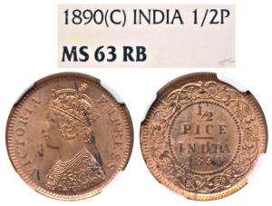 Victoria Empress, Copper ½ Pice, 1890, Calcutta Mint, (Prid 722). Graded by NGC MS63 RB.