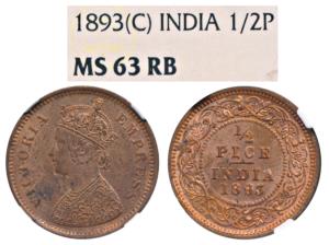 Victoria Empress, Copper ½ Pice, 1893, Calcutta Mint. Graded by NGC MS63 RB.