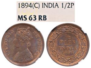 Victoria Empress, Copper ½ Pice, 1894, Calcutta Mint (Prid 727). Graded by NGC MS63 RB.