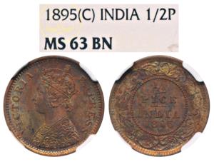 Victoria Empress, Copper ½ Pice, 1895, Calcutta Mint, (Prid 728). Graded by NGC MS63 BN.
