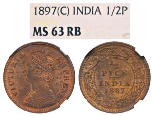 Victoria Empress, Copper ½ Pice, 1897, Calcutta Mint, (Prid 730). Graded by NGC MS63 RB.