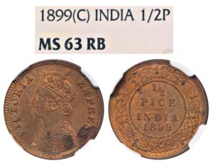 Victoria Empress, Copper ½ Pice, 1899, Calcutta Mint (Prid 732). Graded by NGC MS63 RB.