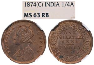 Victoria Queen, Copper ¼ Anna, 1874, Calcutta Mint, (Prid 608). Graded by NGC MS63 RB.