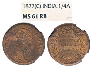 Victoria Queen, Copper ¼ Anna, 1877, Calcutta Mint, (Prid 611). Graded by NGC MS61 RB.