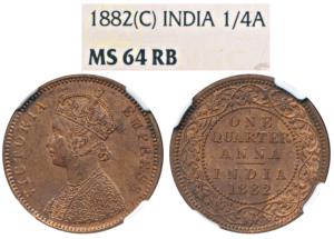 Victoria Queen, Copper ¼ Anna, 1882, Calcutta Mint, (Prid 615). Graded by NGC MS64 RB.