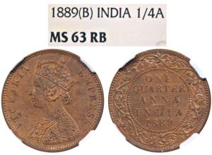 Victoria Empress, Copper ¼ Anna, 1889, Bombay Mint, (Prid 644). Graded by NGC MS63 RB.