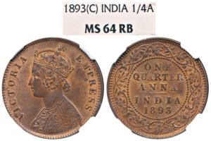Victoria Empress, Copper ¼ Anna, 1893, Calcutta Mint. Graded by NGC MS64 RB.