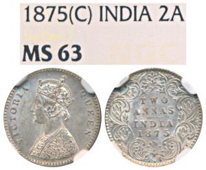 Victoria Queen, Silver 2 Annas, 1875, Calcutta Mint, A / I / No mint mark (Prid 489). Grad