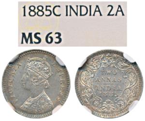 Victoria Empress, Silver 2 Annas, 1885, Calcutta Mint, B / II / C incuse (Prid 500). Grade