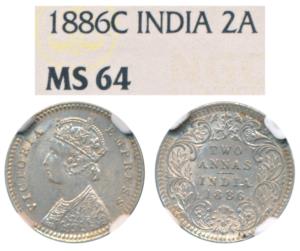 Victoria Empress, Silver 2 Annas, 1886, Calcutta Mint, B / II / C incuse (Prid 501). Grade
