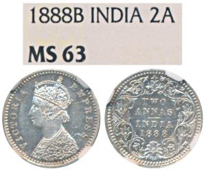 Victoria Empress, Silver 2 Annas, 1888, Bombay Mint, B / II / B incuse, (Prid 541). Graded