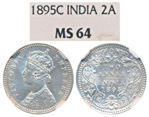 Victoria Empress, Silver 2 Annas, 1895, Calcutta Mint, B / II / C incuse (Prid 510). Grade