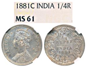 Victoria Empress, Silver ¼ Rupee, 1881, Calcutta Mint, C / II / C incuse (Prid 386). Grade