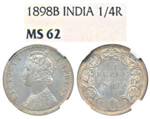 Victoria Empress, Silver ¼ Rupee, 1898, Bombay Mint, C / I / B incuse. Graded by NGC MS62.