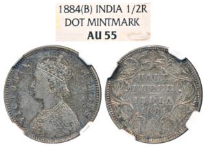 Victoria Empress, Silver ½ Rupee, 1884, Bombay Mint, A / II / dot, (Prid 292). Graded by N
