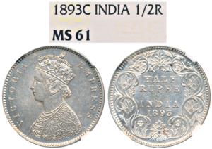 Victoria Empress, Silver ½ Rupee, 1893, Calcutta Mint, A / I / C incuse, (Prid 277). Grade