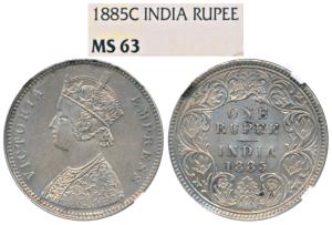 Victoria Empress, Silver Rupee, 1885, Calcutta Mint, A1 / I / C incuse. Graded by NGC MS63