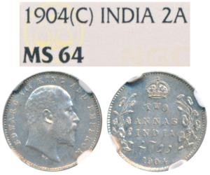Edward VII, Silver 2 Annas, 1904, Calcutta Mint (Prid 557). Graded by NGC MS64.