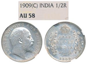 Edward VII, Silver ½ Rupee, 1909, Calcutta Mint, No mint mark (Pr 313). Graded by NGC AU58