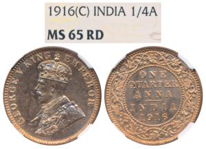 George V, Copper ¼ Anna, 1916, Calcutta Mint, (KM 512). Graded by NGC MS65RD, Rare. Simila