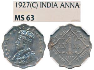 George V, Cupro Nickel 1 Anna, 1927, Calcutta Mint (Prid 933). Graded by NGC MS63.
