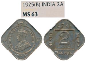 George V, Cupro Nickel 2 Annas, 1925, Bombay Mint (Prid 898). Graded by NGC MS63.