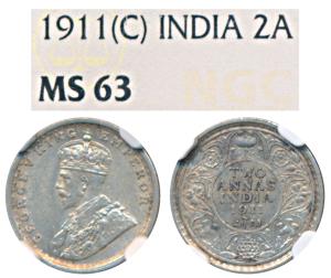 George V, Silver 2 Annas, 1911, Calcutta Mint, (KM 564). Graded by NGC MS63, Rare.