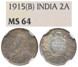 George V, Silver 2 Annas, 1915, Bombay Mint (Prid 574). Graded by NGC MS64.