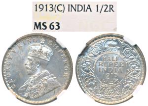 George V, Silver ½ Rupee, 1913, Calcutta mint, (Prid 320). Graded by NGC MS 63, Very Rare 