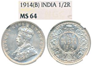 George V, Silver ½ Rupee, 1914, Bombay Mint, (KM 522). Graded by NGC MS64.