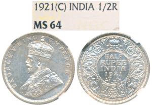 George V, Silver ½ Rupee, 1921, Calcutta Mint, (Prid 324). Graded by NGC MS64.