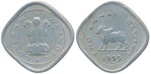 Anna Series, Cupro -Nickel, 2 Annas, 1955, Bombay Mint (KM 4.2). Very Fine, Rare.