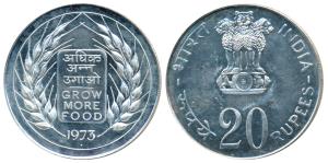 Silver Rupees 20, 1973, Grow More Food, Bombay Mint (KM 240). Uncirculated.