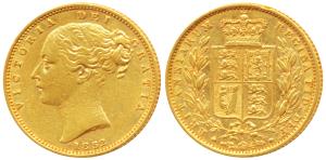 Great Britain, Victoria, Gold Sovereign, 8g, 1852, Young head, Shield on rev. (KM 736.1). 