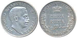 Italia Somalia, Silver ½ Rupia, 5.8g, 1910R, (KM 5). Extremely Fine, Rare.