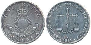 Mombasa, Silver Rupee, 11.5g, 1888 H (KM 5). Very Fine+, Rare.