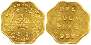 Bombay Mint, Token, Gold Tola, 11.65g, H M Mint, crown within wreath and Bombay below on o