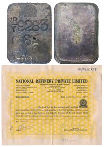 National Refinery Bombay, Silver Bar, 920g, along with the certificate of National Refiner