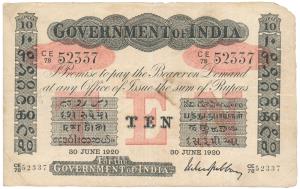 Government of India, Uniface, Rupees 10, red under print, signed M. M. S. Gubbay, 30 June 
