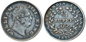 William IV, Silver ¼ Rupee, 1835, Calcutta Mint, RS incuse, Wreath with 20 Berries (10L+10