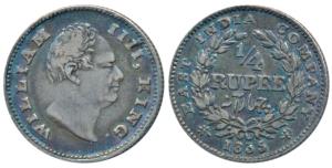 William IV, Silver ¼ Rupee, 1835, Calcutta Mint, F incuse, Wreath with 19 Berries (10L+9R)