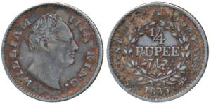 William IV, Silver ¼ Rupee, 1835, Calcutta Mint, F raised, Wreath with 18 Berries (10L+8R)