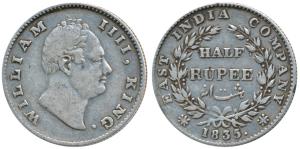 William IV, Silver ½ Rupee, 1835, Calcutta Mint, F incuse, 20 Berries, (Prid 69). About Ve