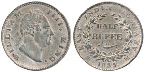William IV, Silver ½ Rupee, 1835, Calcutta Mint, F incuse, 20 Berries, (Prid 69). Very Fin