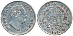 William IV, Silver ½ Rupee, 1835, Calcutta Mint, F incuse, 19 Berries, (Prid 70). Very Fin