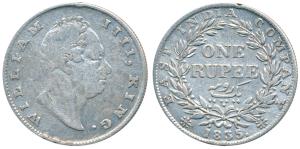 William IV, Silver Rupee, 1835, Calcutta Mint, F incuse, No dot after F, A / III, Bud Leav